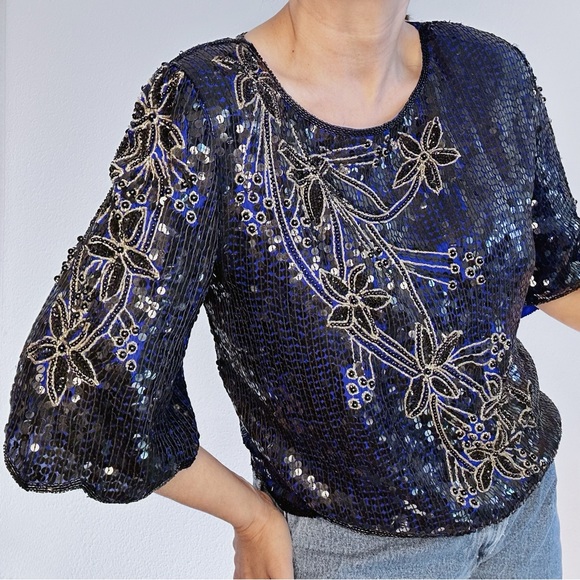 Vintage Scala Pure Silk and Sequin and Beaded Blouse - Picture 4 of 7